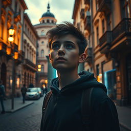 A captivating cinematic scene set in Kyiv, where a teenager named Yurko stands in front of a hidden portal at his usual address