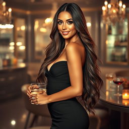 A stunningly beautiful woman with long flowing hair, wearing a form-fitting, stylish dress that accentuates her curves
