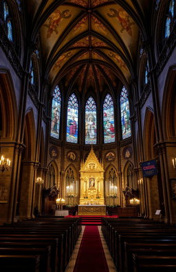 An ornate and historic church interior, featuring high vaulted ceilings, intricate stained glass windows depicting biblical scenes, stone walls adorned with religious frescoes, and flickering candlelight illuminating the space