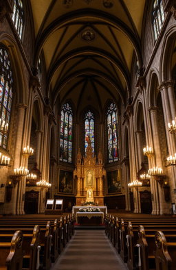 An ornate and historic church interior, featuring high vaulted ceilings, intricate stained glass windows depicting biblical scenes, stone walls adorned with religious frescoes, and flickering candlelight illuminating the space