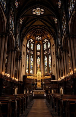 An ornate and historic church interior, featuring high vaulted ceilings, intricate stained glass windows depicting biblical scenes, stone walls adorned with religious frescoes, and flickering candlelight illuminating the space