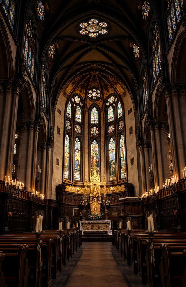An ornate and historic church interior, featuring high vaulted ceilings, intricate stained glass windows depicting biblical scenes, stone walls adorned with religious frescoes, and flickering candlelight illuminating the space