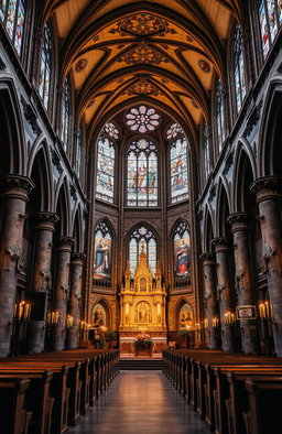 An ornate and historic church interior, featuring high vaulted ceilings, intricate stained glass windows depicting biblical scenes, stone walls adorned with religious frescoes, and flickering candlelight illuminating the space