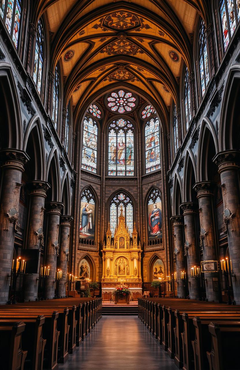An ornate and historic church interior, featuring high vaulted ceilings, intricate stained glass windows depicting biblical scenes, stone walls adorned with religious frescoes, and flickering candlelight illuminating the space