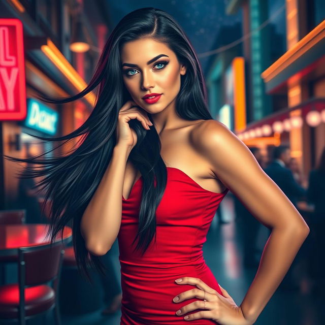 A stunningly attractive woman with long flowing dark hair, wearing a stylish, form-fitting red dress that accentuates her curves