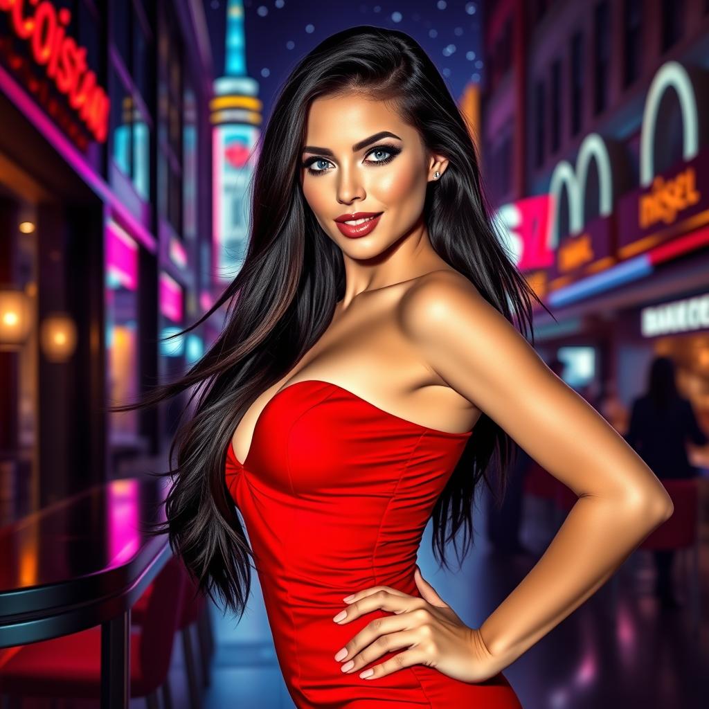 A stunningly attractive woman with long flowing dark hair, wearing a stylish, form-fitting red dress that accentuates her curves