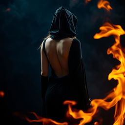 A dramatic scene featuring a mysterious woman dressed in a black hooded cloak, designed to resemble a witch's attire