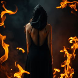 A dramatic scene featuring a mysterious woman dressed in a black hooded cloak, designed to resemble a witch's attire