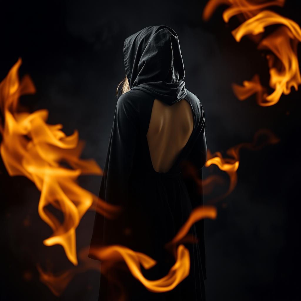 A dramatic scene featuring a mysterious woman dressed in a black hooded cloak, designed to resemble a witch's attire