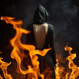 A dramatic scene featuring a mysterious woman dressed in a black hooded cloak, designed to resemble a witch's attire