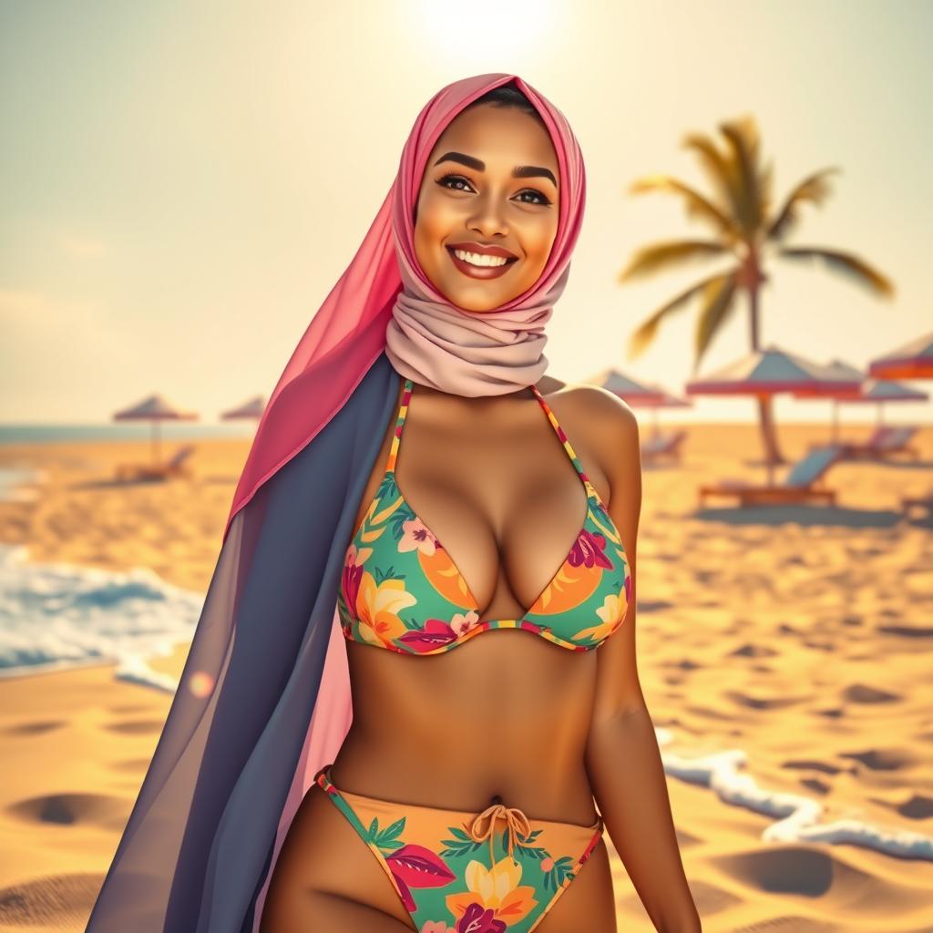 A stylish and artistic representation of a woman wearing a bikini while also incorporating a stylish hijab