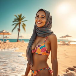 A stylish and artistic representation of a woman wearing a bikini while also incorporating a stylish hijab