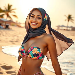 A stylish and artistic representation of a woman wearing a bikini while also incorporating a stylish hijab