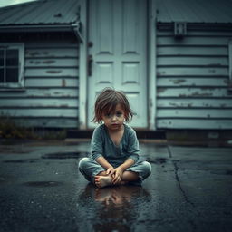 A young girl sitting on the wet pavement in front of a closed house door, tears streaming down her face