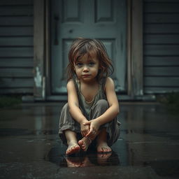 A young girl sitting on the wet pavement in front of a closed house door, tears streaming down her face