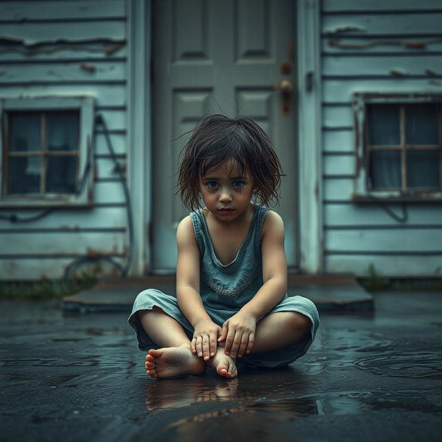 A young girl sitting on the wet pavement in front of a closed house door, tears streaming down her face