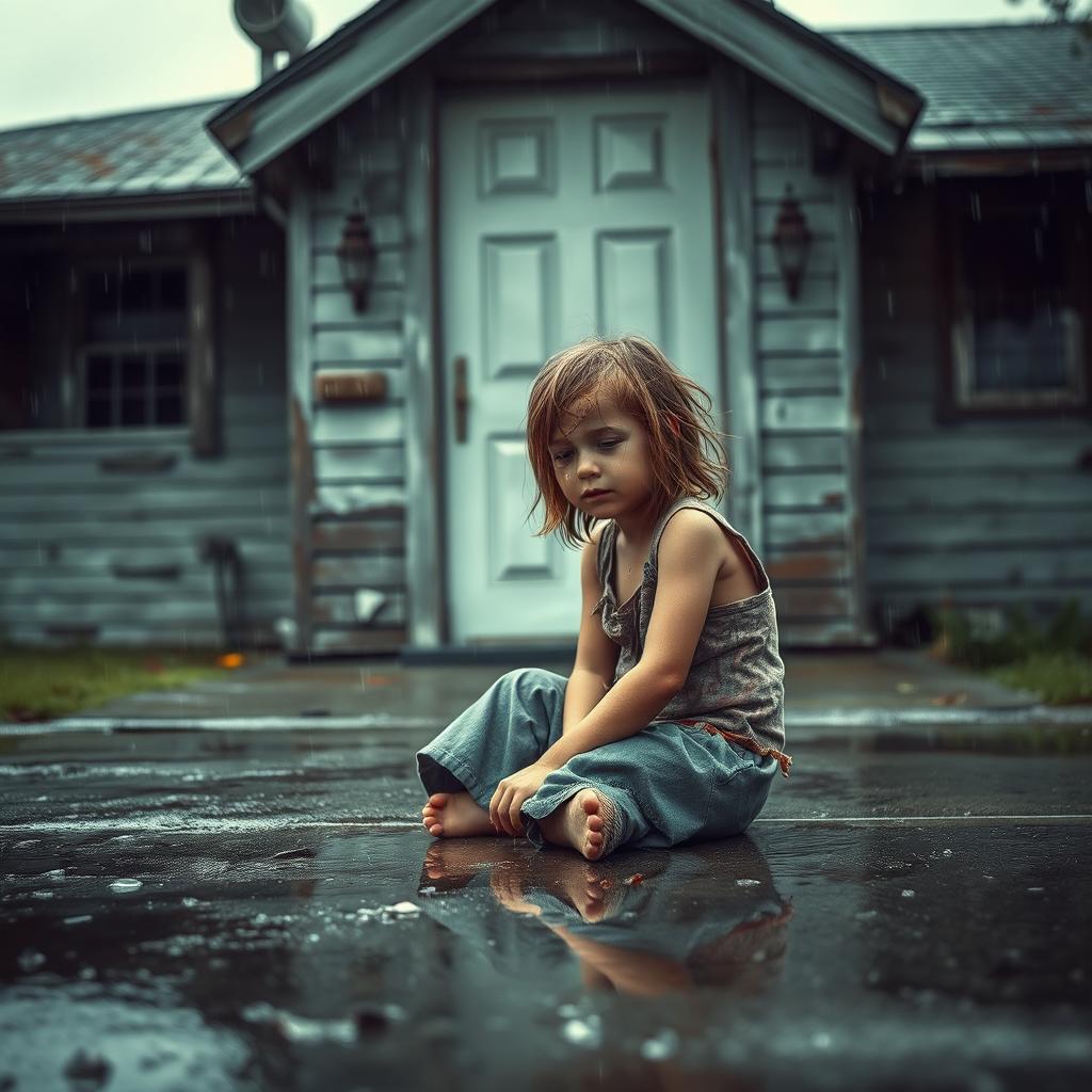 A young girl sitting on the wet pavement in front of a closed house door, tears streaming down her face
