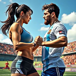 An intense and dynamic scene depicting Georgina Rodriguez and Lionel Messi engaged in a friendly yet competitive fight