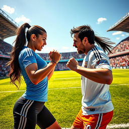 An intense and dynamic scene depicting Georgina Rodriguez and Lionel Messi engaged in a friendly yet competitive fight
