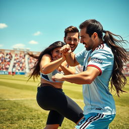 An intense and dynamic scene depicting Georgina Rodriguez and Lionel Messi engaged in a friendly yet competitive fight