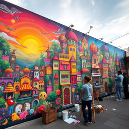 A colorful and vibrant street art mural depicting a fantasy cityscape filled with playful characters and whimsical architecture