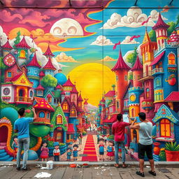 A colorful and vibrant street art mural depicting a fantasy cityscape filled with playful characters and whimsical architecture