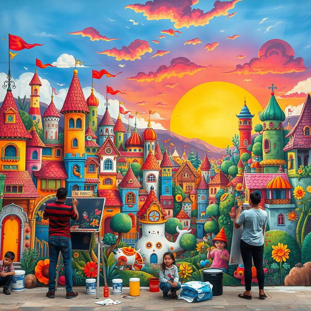 A colorful and vibrant street art mural depicting a fantasy cityscape filled with playful characters and whimsical architecture