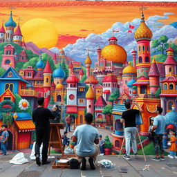 A colorful and vibrant street art mural depicting a fantasy cityscape filled with playful characters and whimsical architecture
