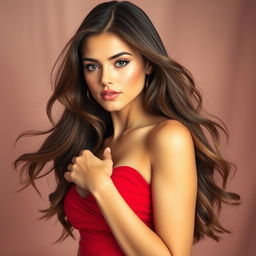 A beautiful and alluring young woman with long, flowing hair, wearing a form-fitting red dress that accentuates her curves