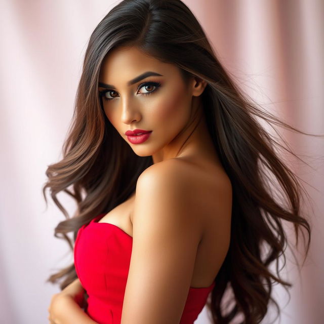 A beautiful and alluring young woman with long, flowing hair, wearing a form-fitting red dress that accentuates her curves