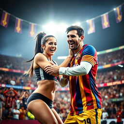 A dramatic and humorous scene depicting Georgina Rodriguez playfully wrestling with Lionel Messi in a sports arena