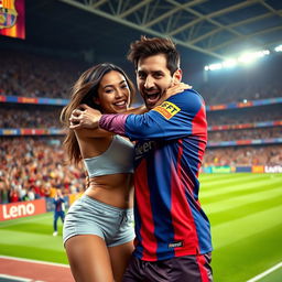 A dramatic and humorous scene depicting Georgina Rodriguez playfully wrestling with Lionel Messi in a sports arena