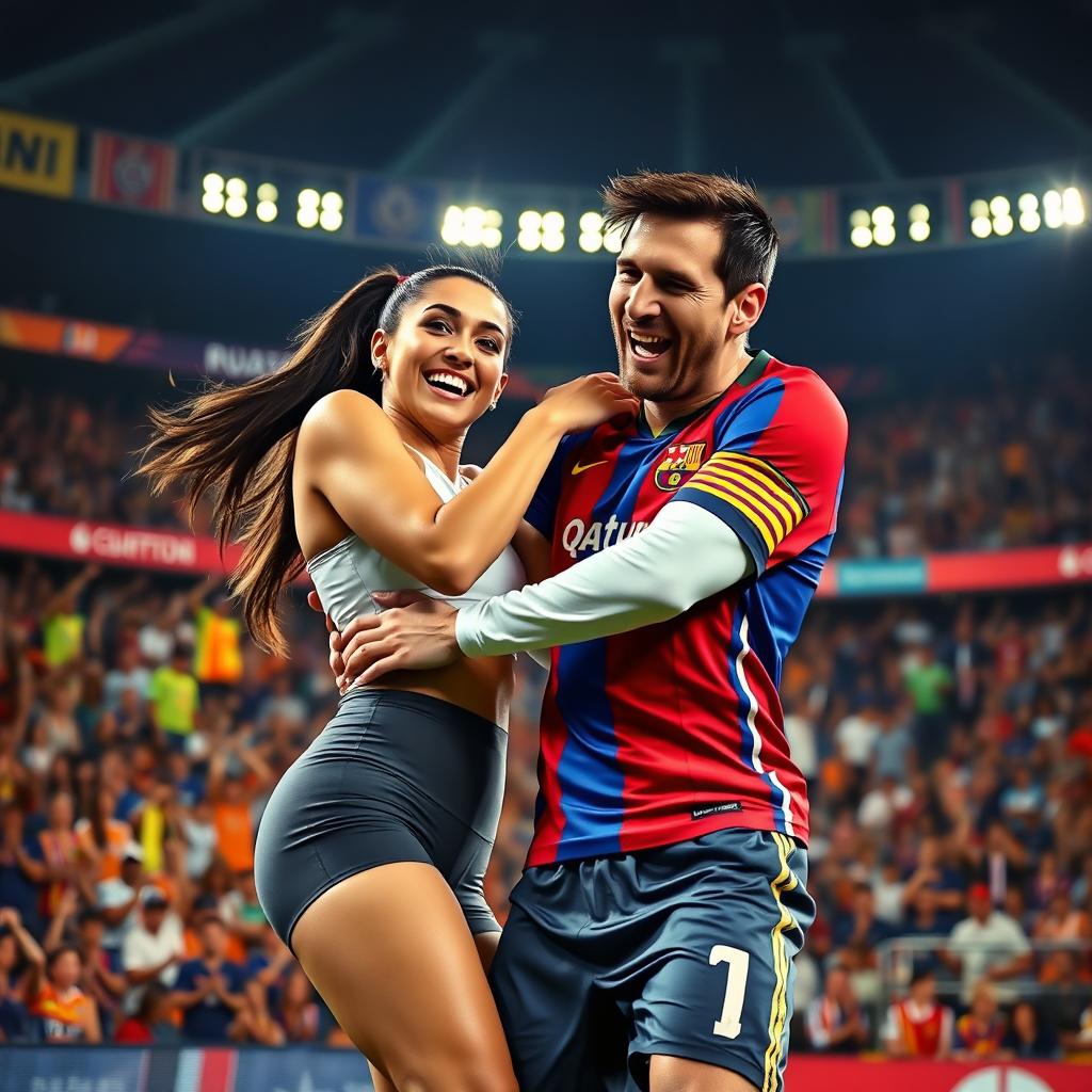 A dramatic and humorous scene depicting Georgina Rodriguez playfully wrestling with Lionel Messi in a sports arena