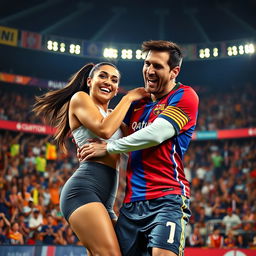 A dramatic and humorous scene depicting Georgina Rodriguez playfully wrestling with Lionel Messi in a sports arena