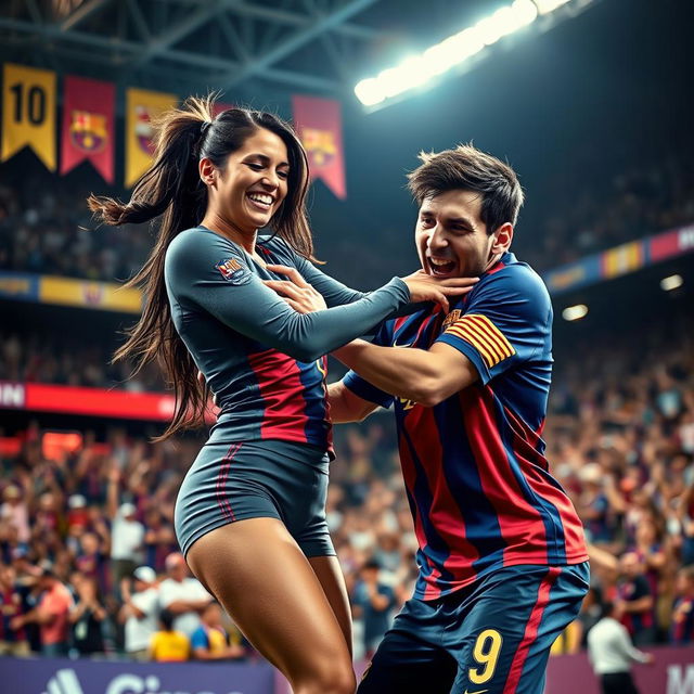 A dramatic and humorous scene depicting Georgina Rodriguez playfully wrestling with Lionel Messi in a sports arena