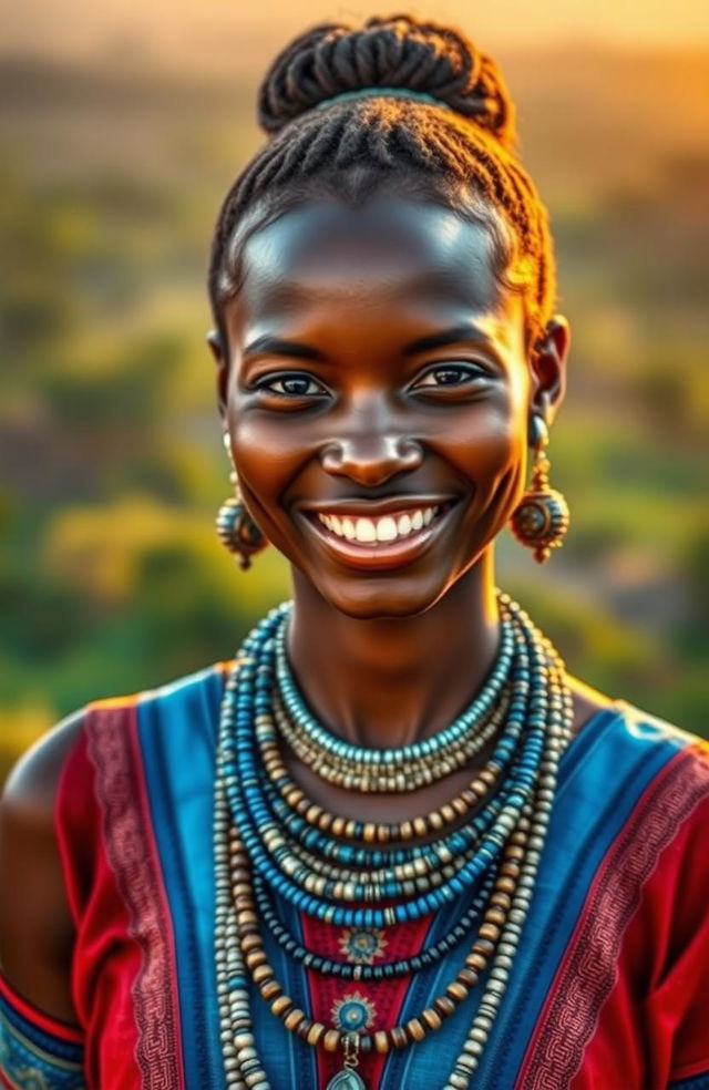 A stunning Shilluk woman adorned in traditional attire, showcasing her unique beauty and cultural heritage