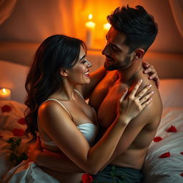 A sensual and passionate scene depicting an intimate moment between two adults, focusing on the deep connection and chemistry between them