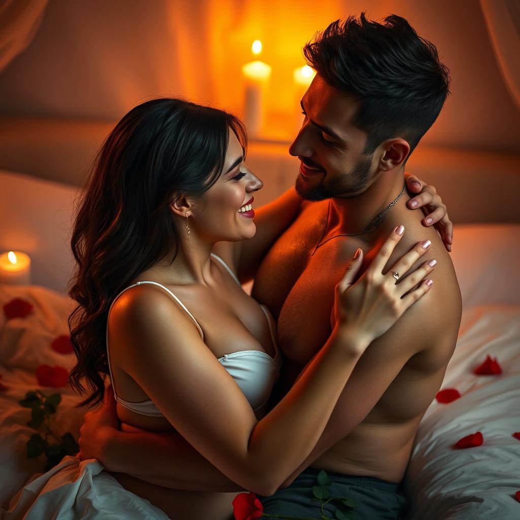 A sensual and passionate scene depicting an intimate moment between two adults, focusing on the deep connection and chemistry between them