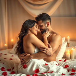 A sensual and passionate scene depicting an intimate moment between two adults, focusing on the deep connection and chemistry between them