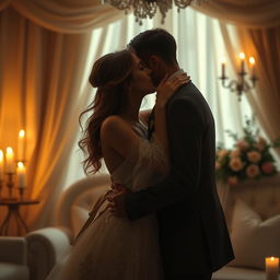 A romantic scene depicting a passionate embrace between a couple in an intimate setting, surrounded by soft, warm lighting and delicate fabrics