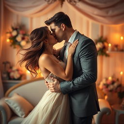 A romantic scene depicting a passionate embrace between a couple in an intimate setting, surrounded by soft, warm lighting and delicate fabrics