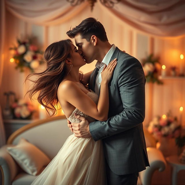 A romantic scene depicting a passionate embrace between a couple in an intimate setting, surrounded by soft, warm lighting and delicate fabrics