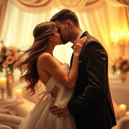 A romantic scene depicting a passionate embrace between a couple in an intimate setting, surrounded by soft, warm lighting and delicate fabrics