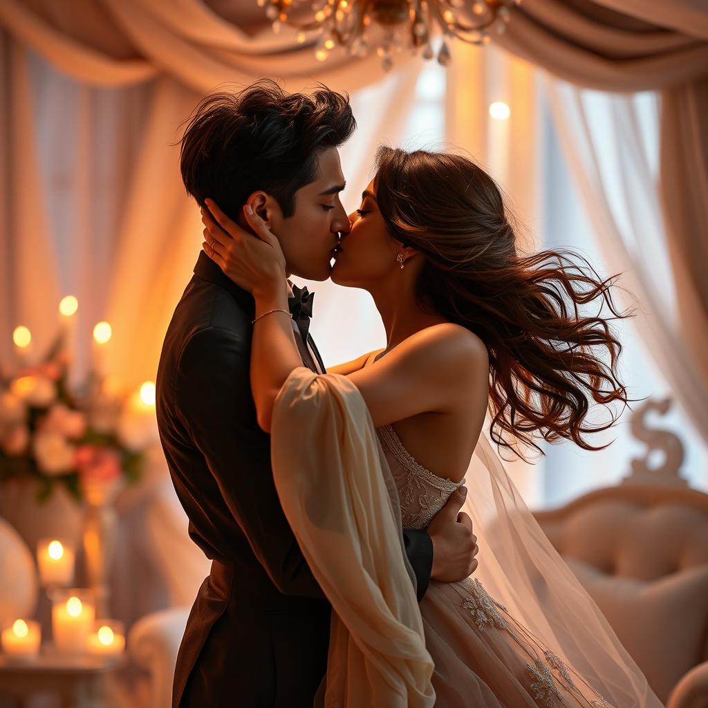 A romantic scene depicting a passionate embrace between a couple in an intimate setting, surrounded by soft, warm lighting and delicate fabrics