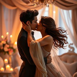 A romantic scene depicting a passionate embrace between a couple in an intimate setting, surrounded by soft, warm lighting and delicate fabrics