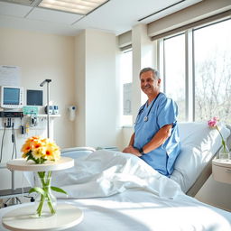 A serene scene inside a hospital, showcasing a bright and clean environment with large windows letting in natural light