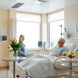 A serene scene inside a hospital, showcasing a bright and clean environment with large windows letting in natural light