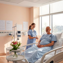 A serene scene inside a hospital, showcasing a bright and clean environment with large windows letting in natural light