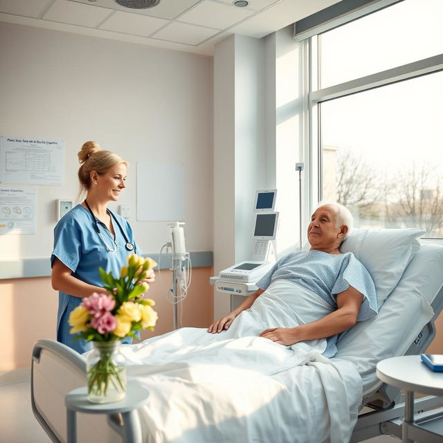 A serene scene inside a hospital, showcasing a bright and clean environment with large windows letting in natural light