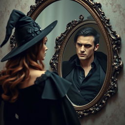 A captivating scene of a beautiful woman standing in front of an ornate mirror, gazing intently at her reflection